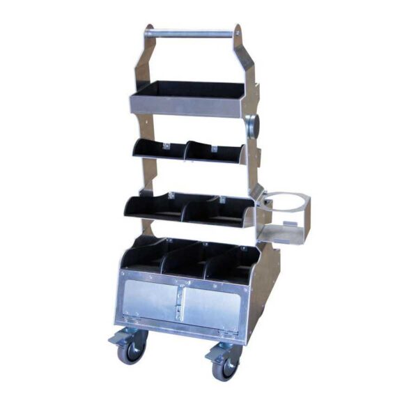 Carro Sell de aluminio con bandejas, ruedas y portabotes