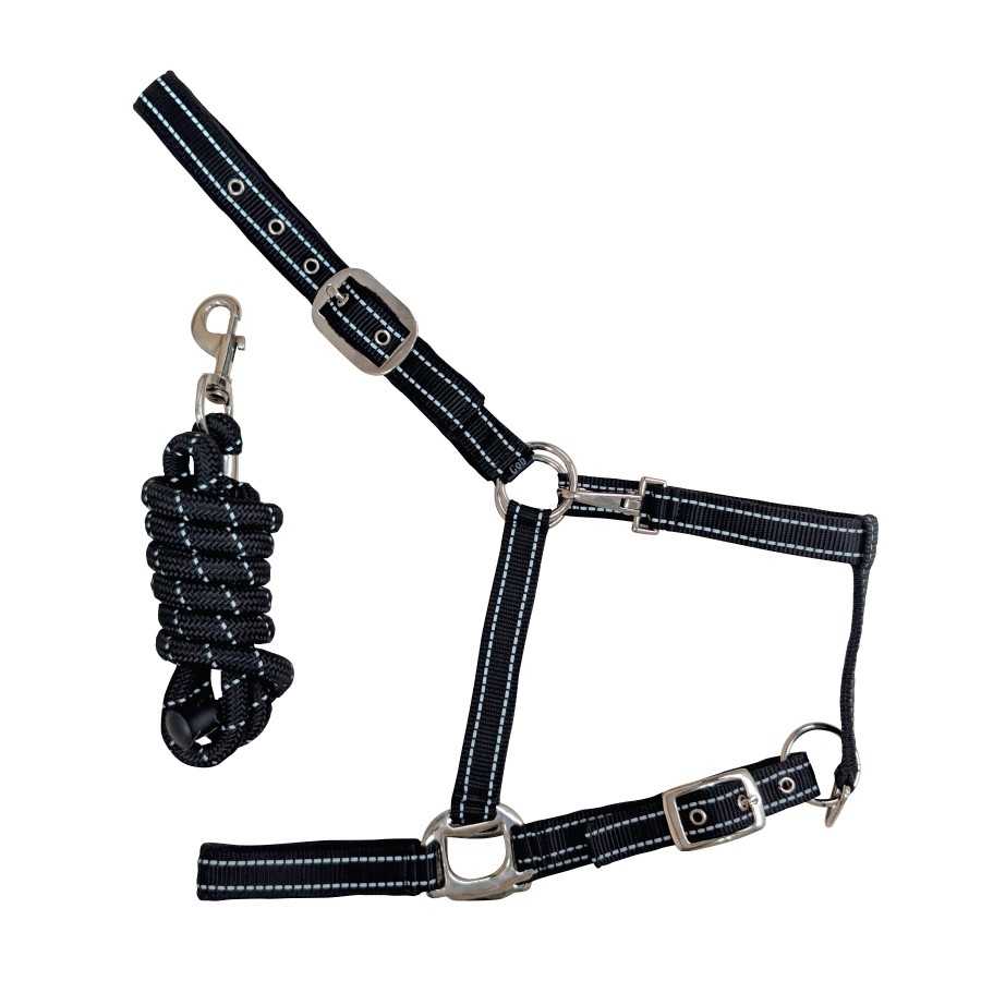 Conjunto de cabezada y ramal negro con puntadas reflectantes