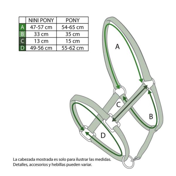 Cabezada de nylon con purpurina con esquema de medidas Minipony y Pony