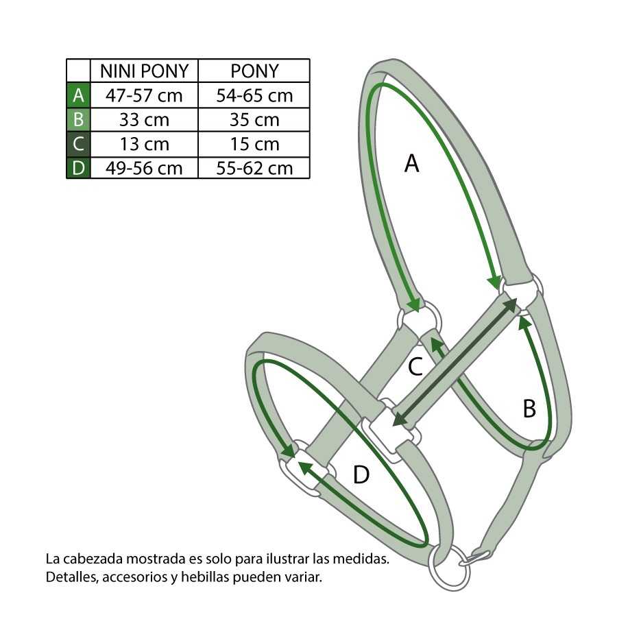 Cabezada de nylon con purpurina con esquema de medidas Minipony y Pony