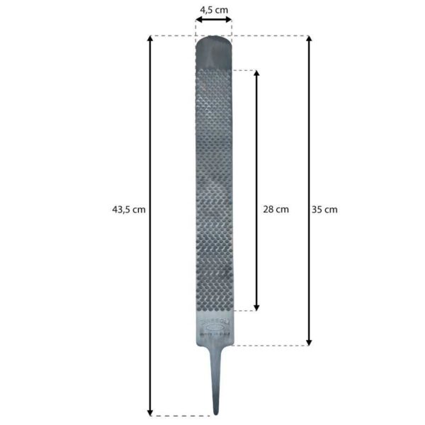 Esquema acotado del cuerpo, zona dentada y espiga de la escofina Farrier