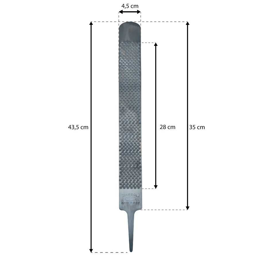 Esquema acotado del cuerpo, zona dentada y espiga de la escofina Farrier