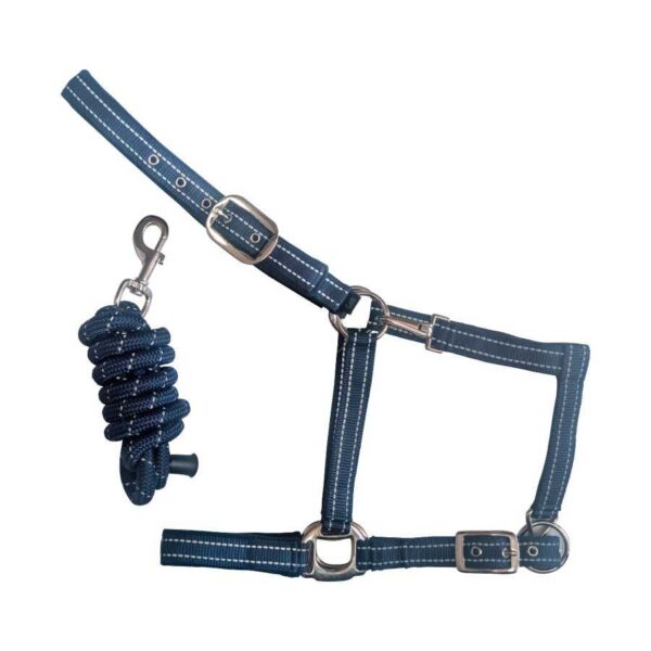 Conjunto de cabezada y ramal azul marino con puntadas reflectantes