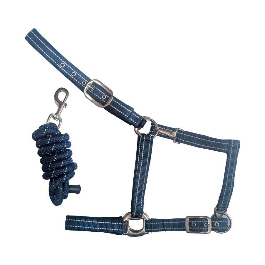 Conjunto de cabezada y ramal azul marino con puntadas reflectantes