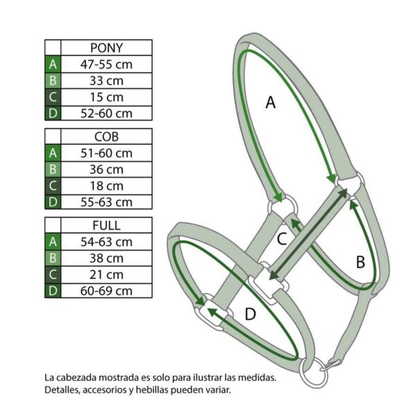 Cabezada de nylon con elastotex con esquema de medidas por talla