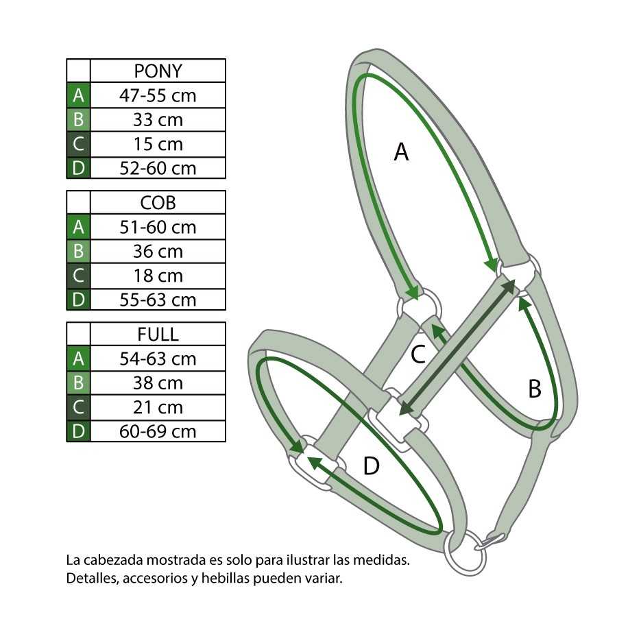 Cabezada de nylon con elastotex con esquema de medidas por talla