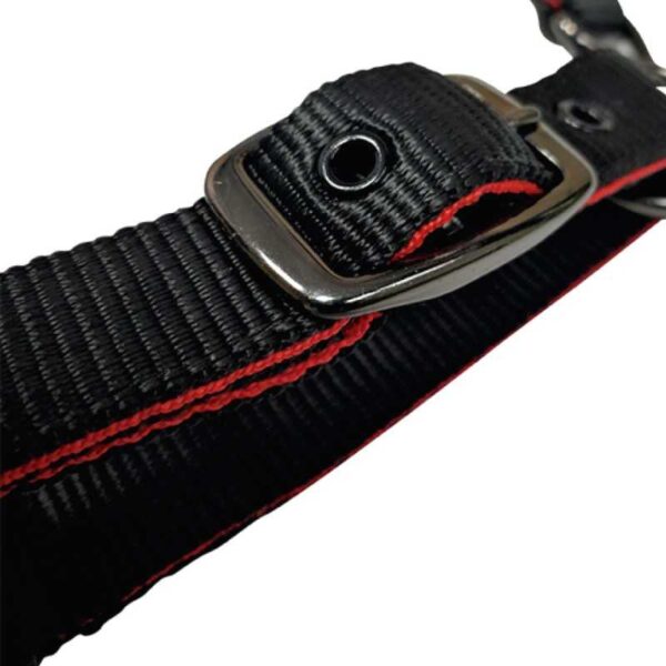 Cabezada de nylon con neopreno y herrajes negros negra y roja, detalle de la correa