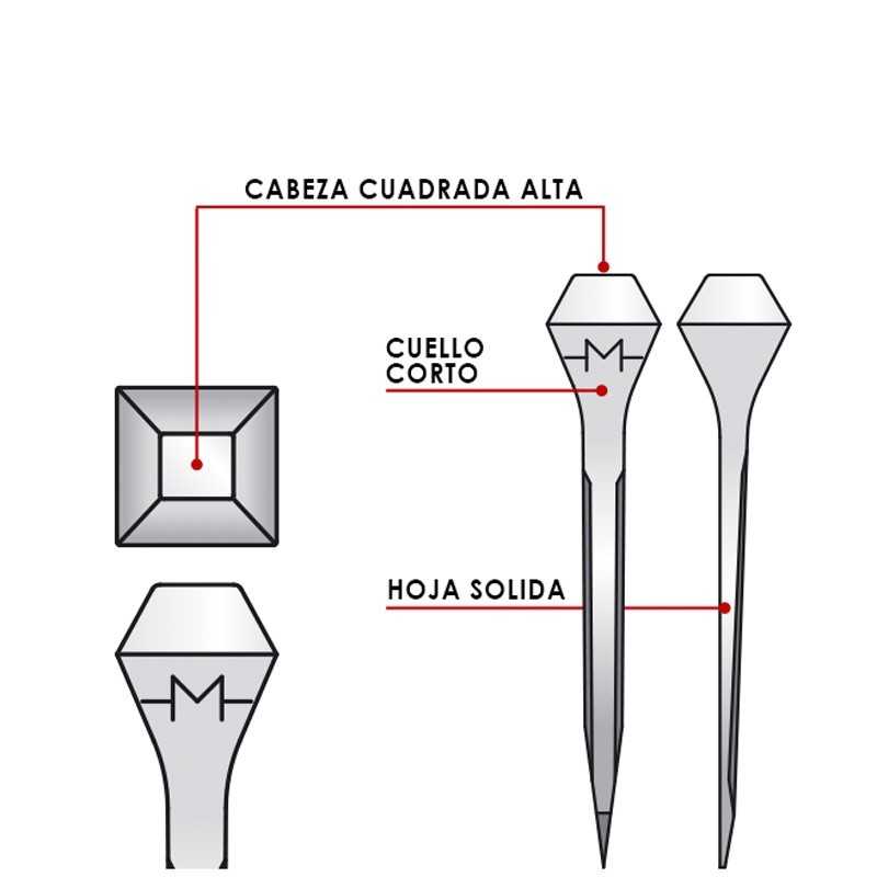 Esquema Mondial A: cabeza cuadrada alta, cuello corto y hoja sólida